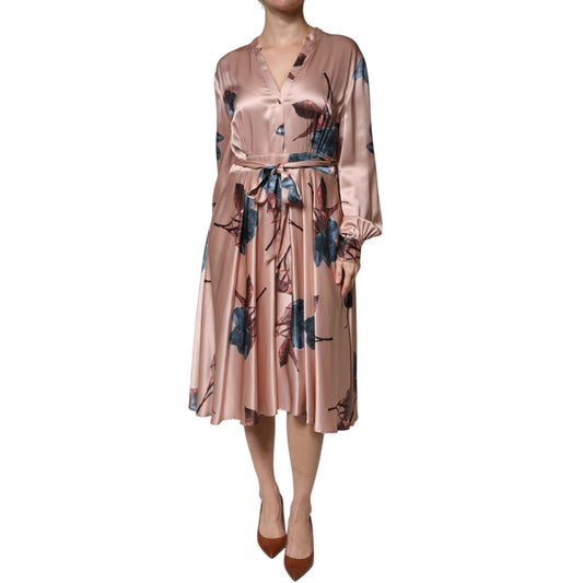 L'Autre Chose Pink Satin Floral Long Sleeves A-line Midi Dress DR281412-44