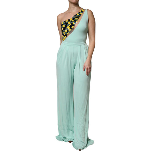 Elisabetta Franchi Mint Green One Shoulder Long Jumpsuit Dress DR281421-42