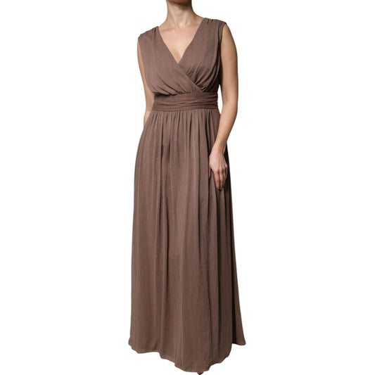 Peserico Brown Sleeveless Deep V-neck A-line Long Maxi Dress DR281422-42