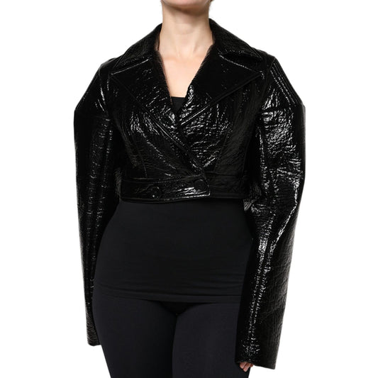 Dolce & Gabbana Black Leather Cropped Long Sleeve Coat Jacket JKT4181-40