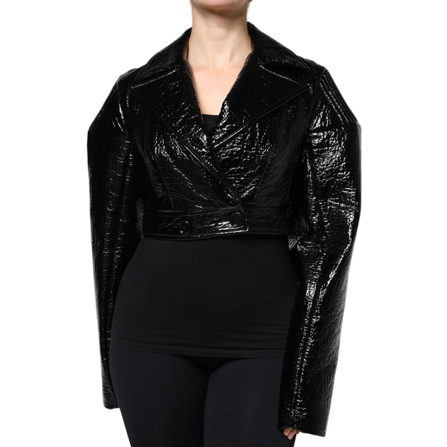 Dolce & Gabbana Black Leather Cropped Long Sleeve Coat Jacket JKT4181-40