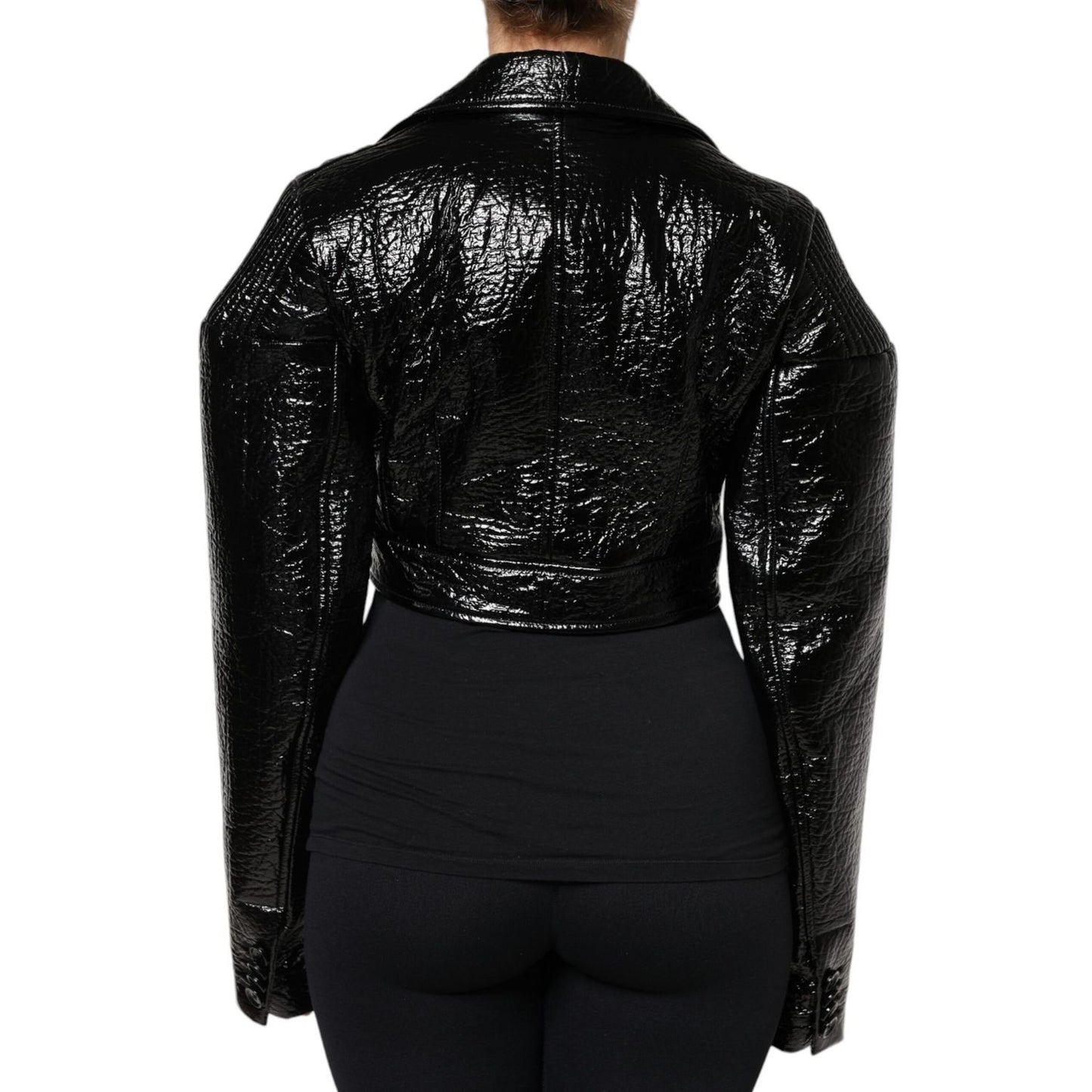Dolce & Gabbana Black Leather Cropped Long Sleeve Coat Jacket JKT4181-40