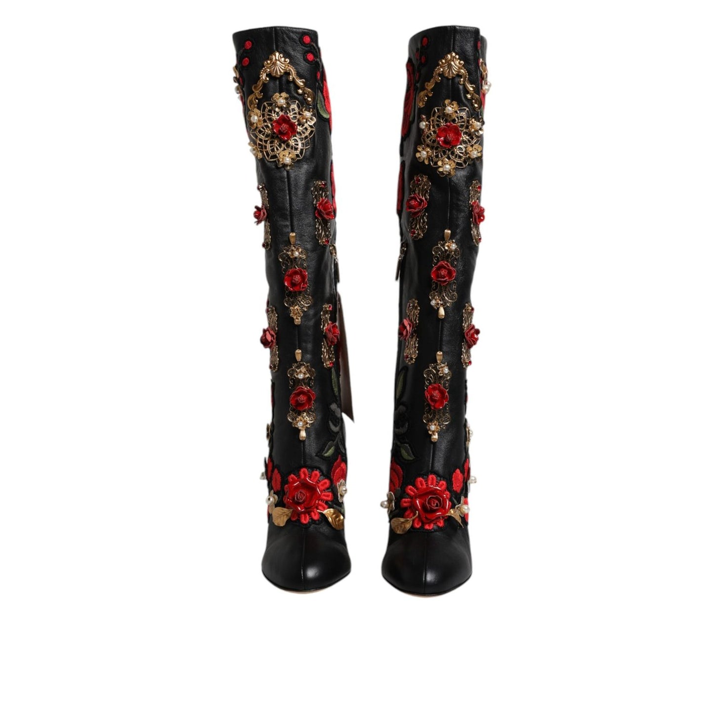 Dolce & Gabbana Black Roses Embellished Leather Heel Boots Shoes LA12253-39