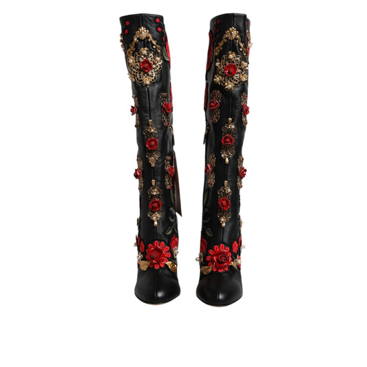 Dolce & Gabbana Black Roses Embellished Leather Heel Boots Shoes LA12253-39