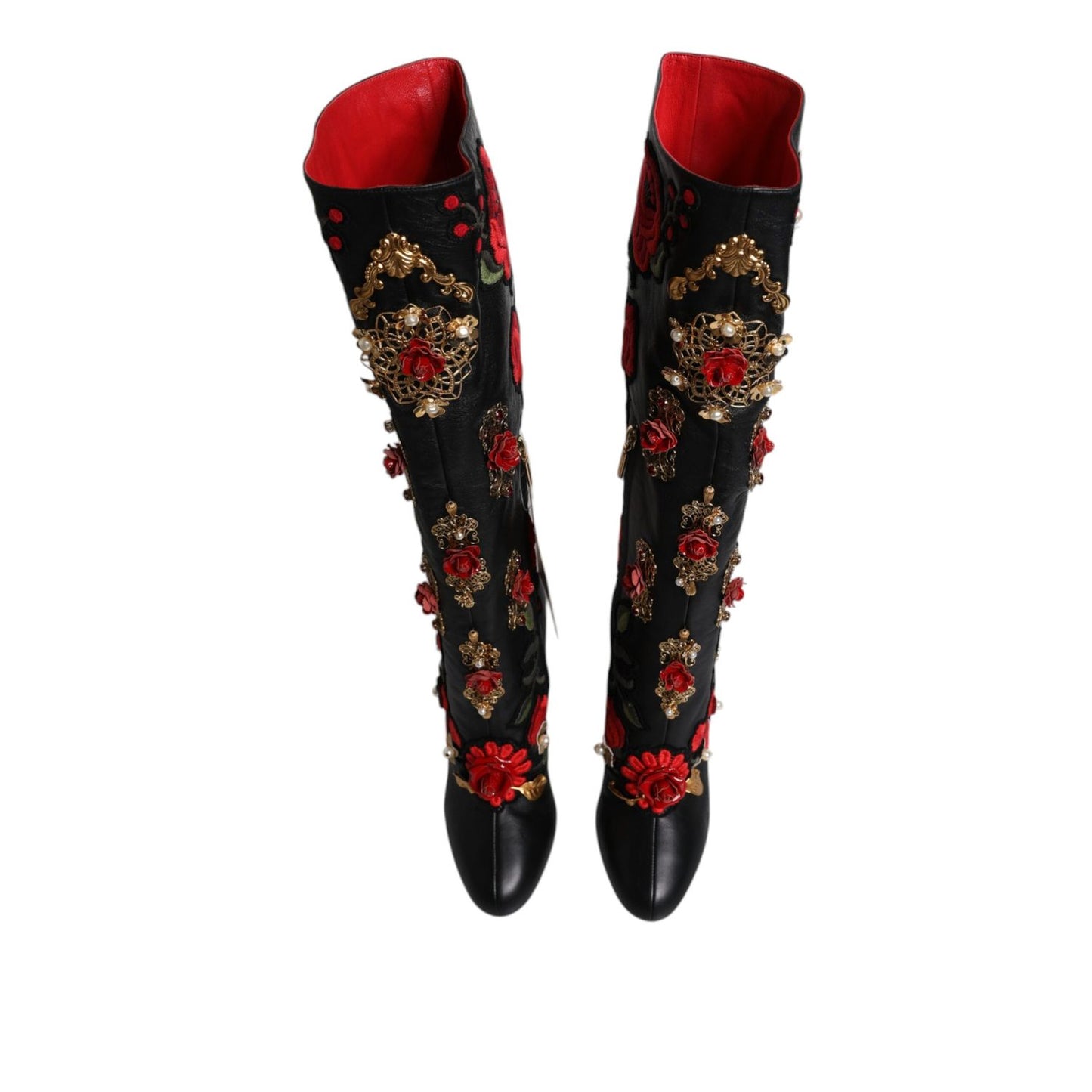Dolce & Gabbana Black Roses Embellished Leather Heel Boots Shoes LA12253-39