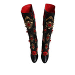 Dolce & Gabbana Black Roses Embellished Leather Heel Boots Shoes LA12253-39