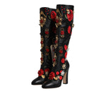 Dolce & Gabbana Black Roses Embellished Leather Heel Boots Shoes LA12253-39