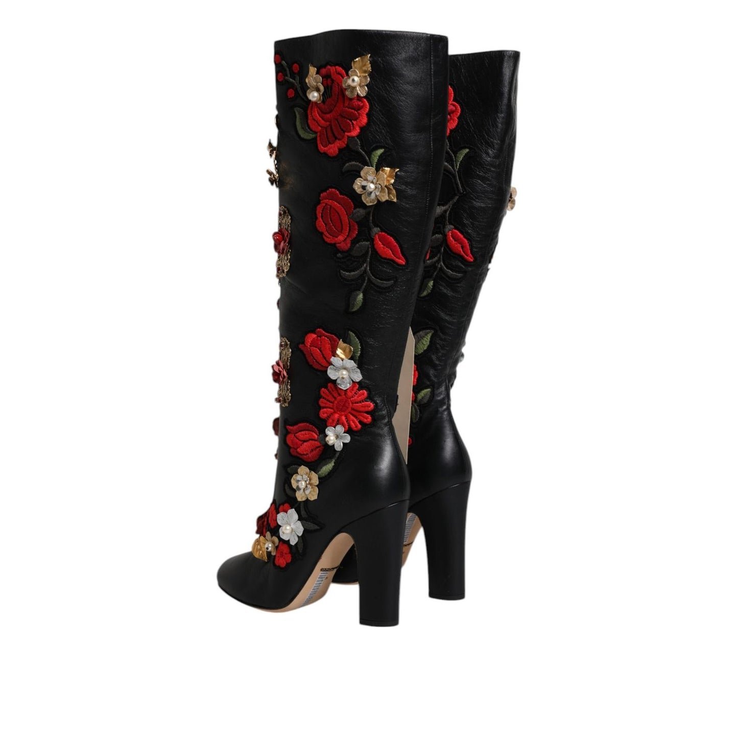 Dolce & Gabbana Black Roses Embellished Leather Heel Boots Shoes LA12253-39