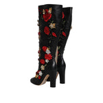 Dolce & Gabbana Black Roses Embellished Leather Heel Boots Shoes LA12253-39