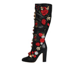 Dolce & Gabbana Black Roses Embellished Leather Heel Boots Shoes LA12253-39