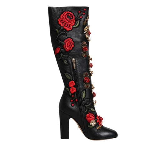 Dolce & Gabbana Black Roses Embellished Leather Heel Boots Shoes LA12253-39