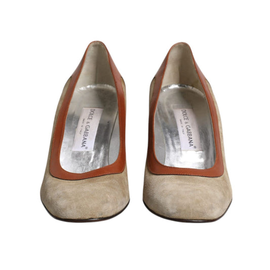 Dolce & Gabbana Beige Brown Leather Block Heels Pumps Shoes LA12272-40