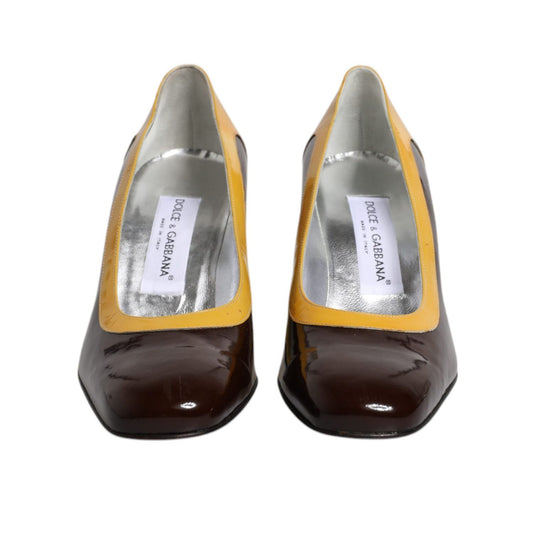 Dolce & Gabbana Yellow Brown Leather Block Heel Pumps Shoes LA12273-39