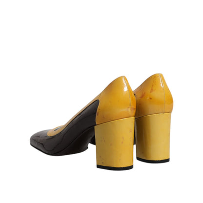 Dolce & Gabbana Yellow Brown Leather Block Heel Pumps Shoes