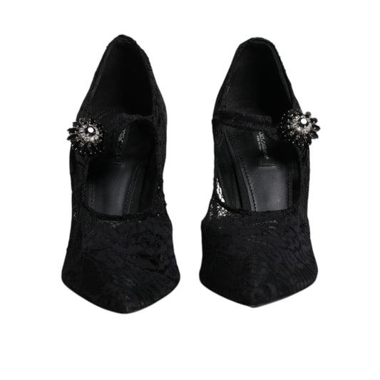 Dolce & Gabbana Black Lace Crystals Mary Jane Pumps Shoes LA12281-41