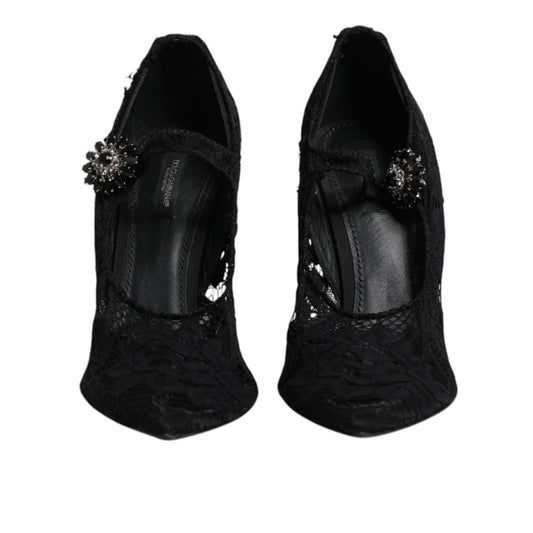 Dolce & Gabbana Black Lace Crystals Mary Jane Pumps Shoes LA12282-41
