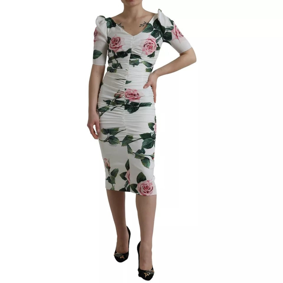 Dolce & Gabbana White Roses Print Stretch Silk Pleated Dress DR28962-36