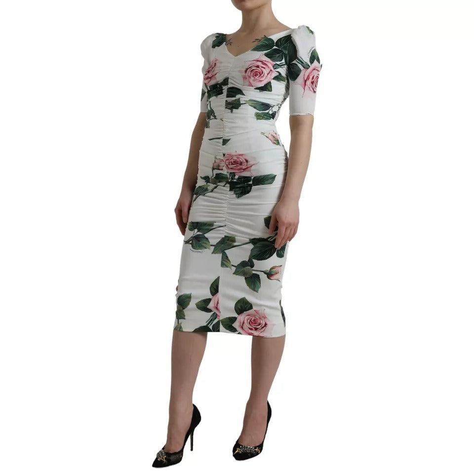 Dolce & Gabbana White Roses Print Stretch Silk Pleated Dress DR28962-36