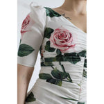 Dolce & Gabbana White Roses Print Stretch Silk Pleated Dress DR28962-36