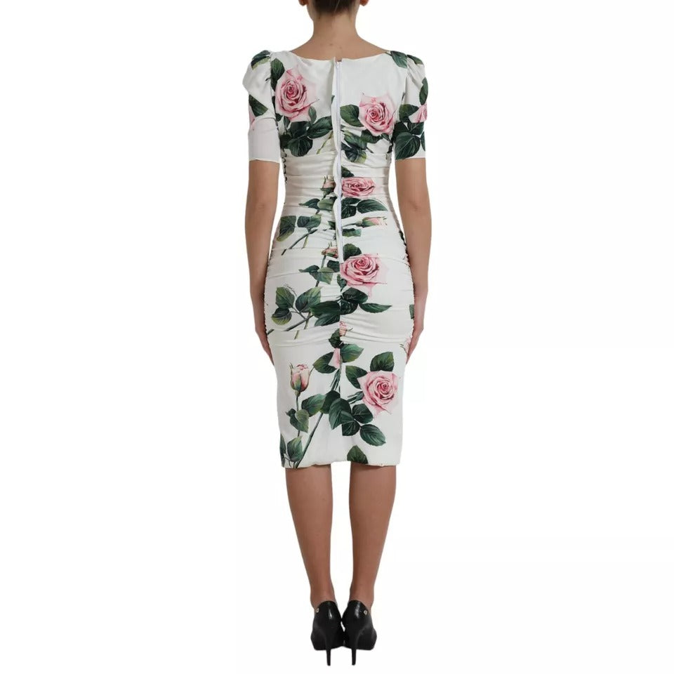 Dolce & Gabbana White Roses Print Stretch Silk Pleated Dress DR281035-40