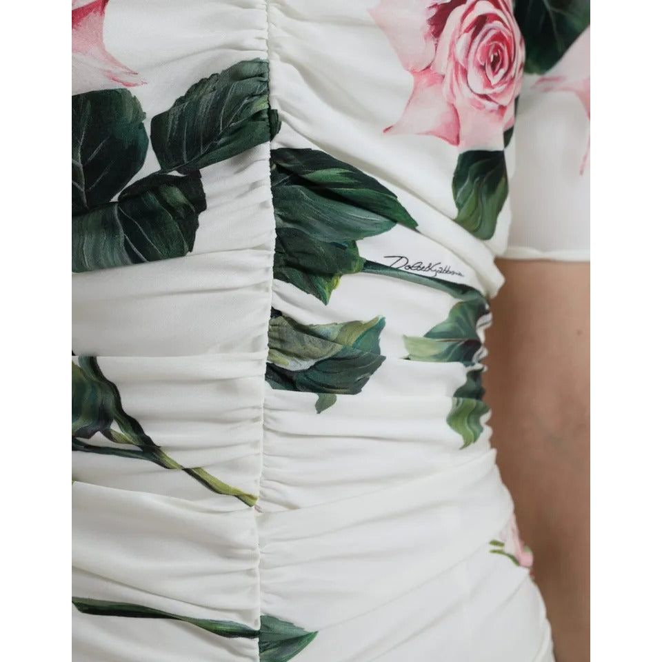 Dolce & Gabbana White Roses Print Stretch Silk Pleated Dress DR281035-40