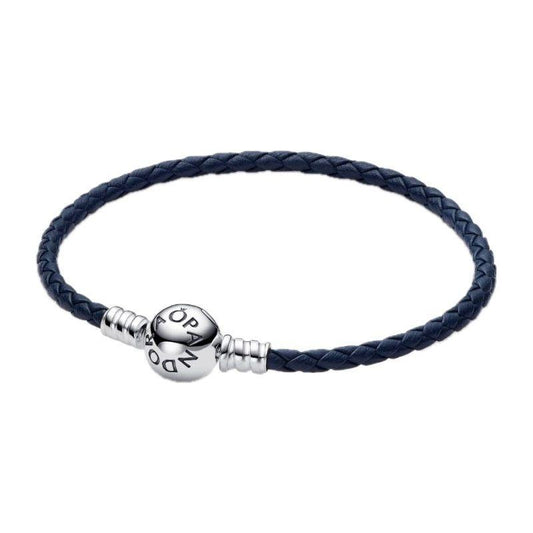 PANDORA MOMENTS COLLECTION Mod. ROUND CLASP BLUE BRAIDED LEATHER BRACELET 592790C01-S1