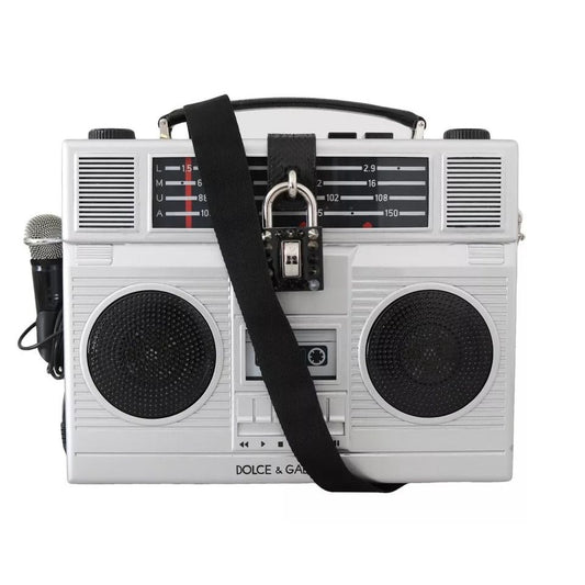 Dolce & Gabbana Silver Retro Radio Boombox Limited Edition Handmade Wood Bag VAS15485