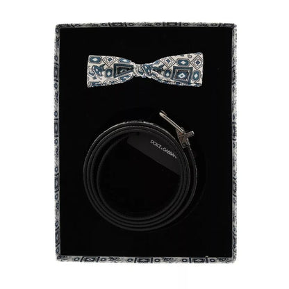 Dolce & Gabbana White Blue Silk Bowtie Leather Belt Gift Box Set
