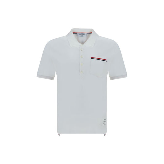Thom Browne White Cotton Polo Shirt with classic collar, patch pocket, and iconic bands, featuring elegant tone-on-tone buttons.