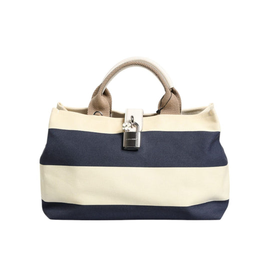 Dolce & Gabbana White Navy Striped Canvas Top Handle Tote Bag BAG4047