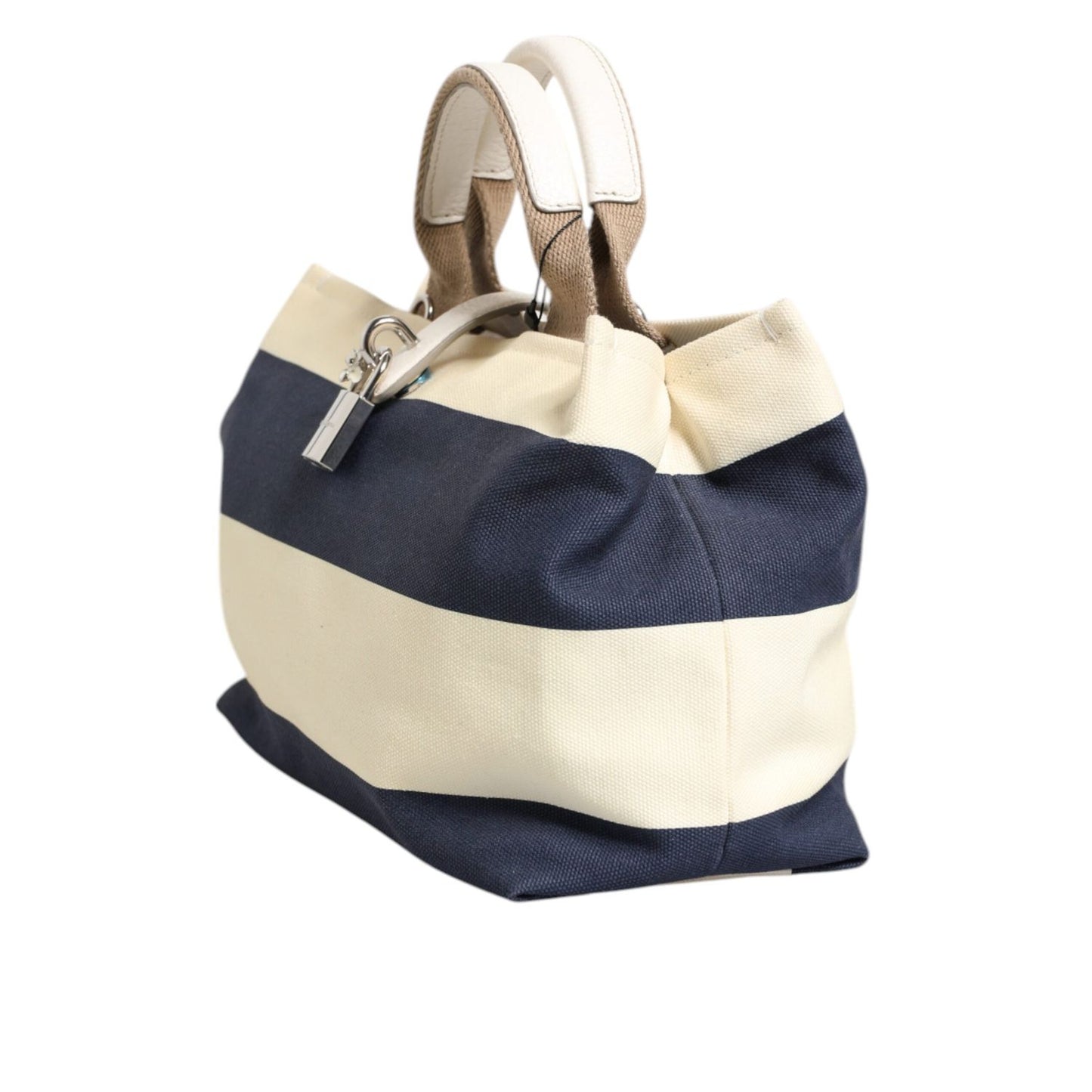 Dolce & Gabbana White Navy Striped Canvas Top Handle Tote Bag