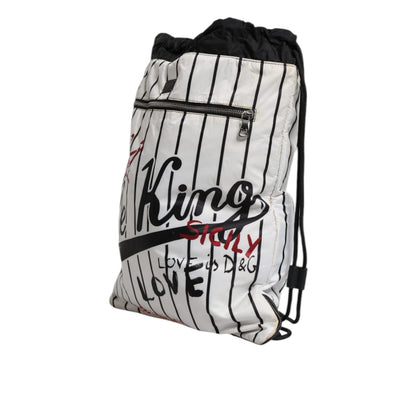 Dolce & Gabbana Black White Striped Polyester Drawstring Backpack Bag