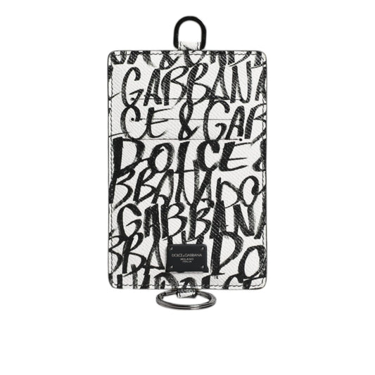 Dolce & Gabbana White Leather Lanyard Logo Print Card Holder Wallet BAG4207
