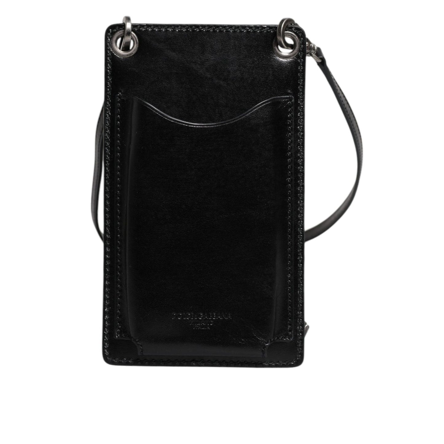 Dolce & Gabbana Black Horse Leather Zip Logo Shoulder Neck Strap Wallet