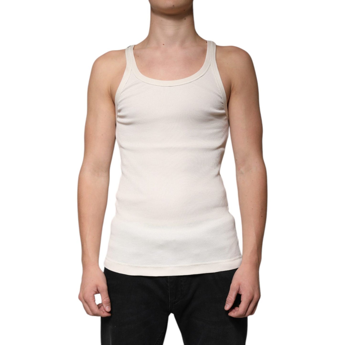 Dolce & Gabbana Off White Cotton Sleeveless Round Neck Tank T-shirt