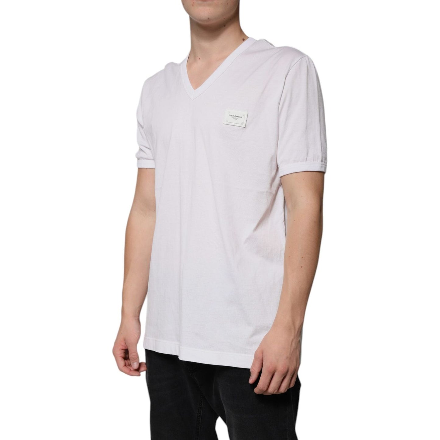 Dolce & Gabbana White Logo V-neck Short Sleeve T-shirt TSH87693-56