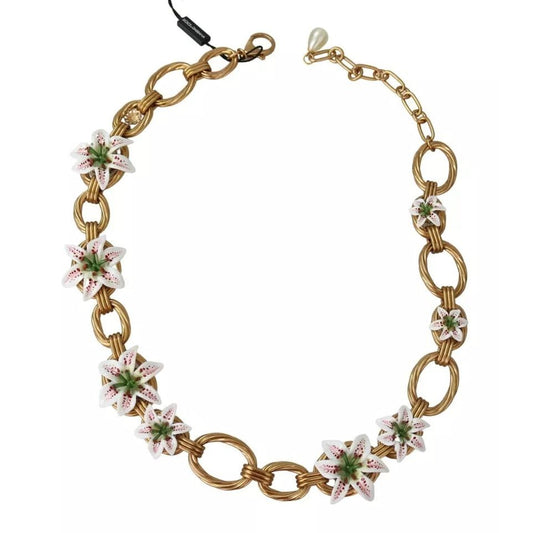 Dolce & Gabbana Gold Brass Oversize Chain LILY Flowers Necklace SMY100337