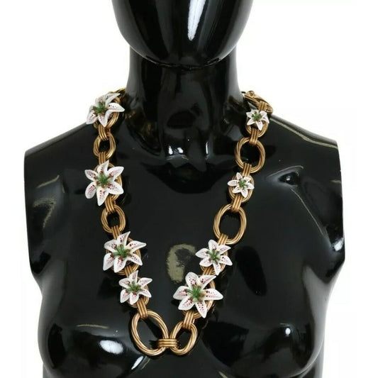 Dolce & Gabbana Gold Brass Oversize Chain LILY Flowers Necklace SMY100337