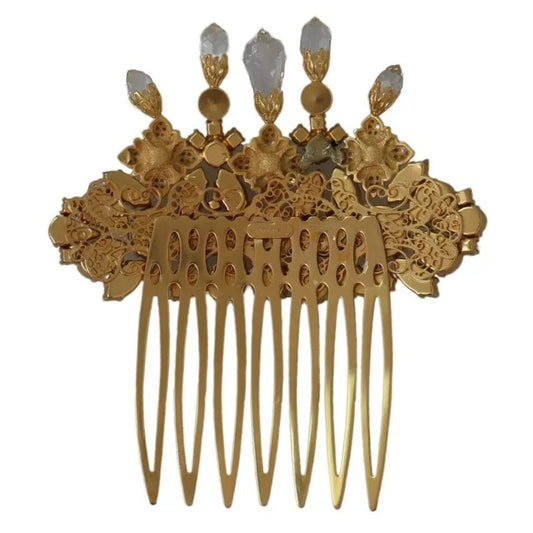 Dolce & Gabbana Gold Brass Clear Crystal Hair Stick Accessory Comb SMY100512
