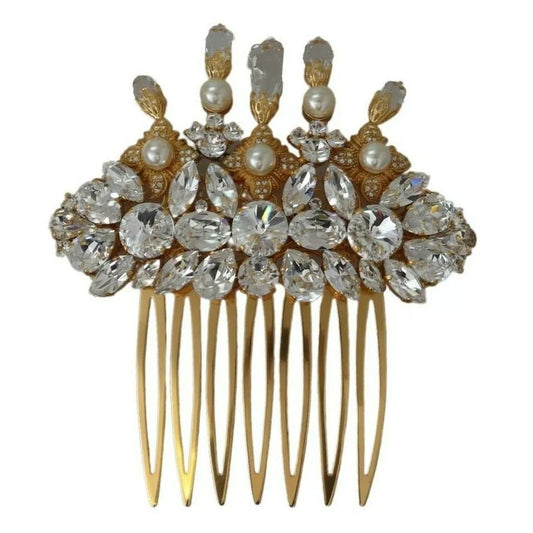 Dolce & Gabbana Gold Brass Clear Crystal Hair Stick Accessory Comb SMY100512