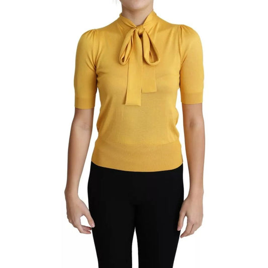 Dolce & Gabbana Yellow Silk Knit Pullover Ascot Collar Top TSH5713-38