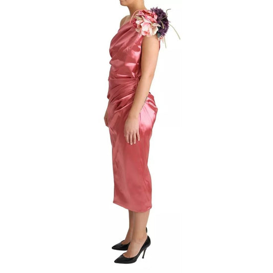 Dolce & Gabbana Pink Draped Midi Flower Applique Dress DR28030-46