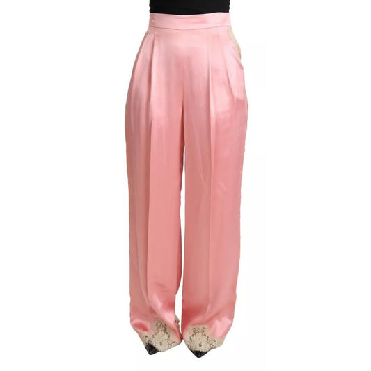 Dolce & Gabbana Pink Lace Trimmed Silk Satin Wide Legs Pants PAN71899-40