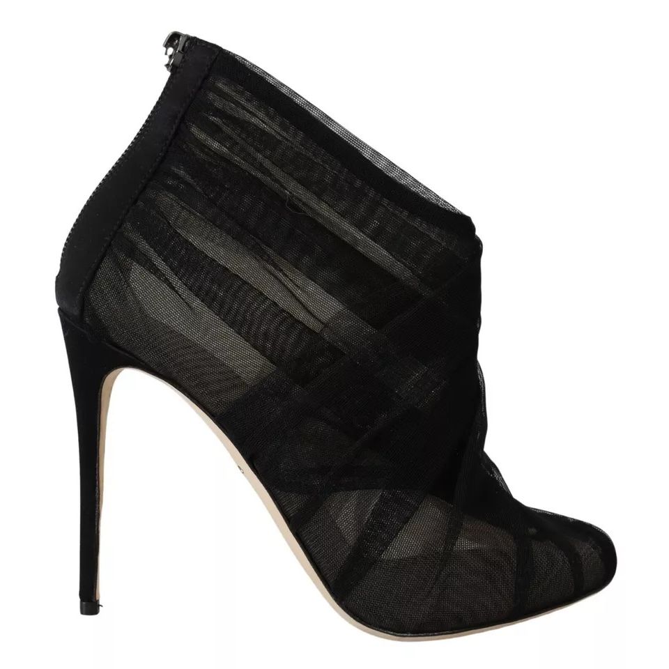 Dolce & Gabbana Black Tulle Ankle Boots Stiletto Heels Shoes