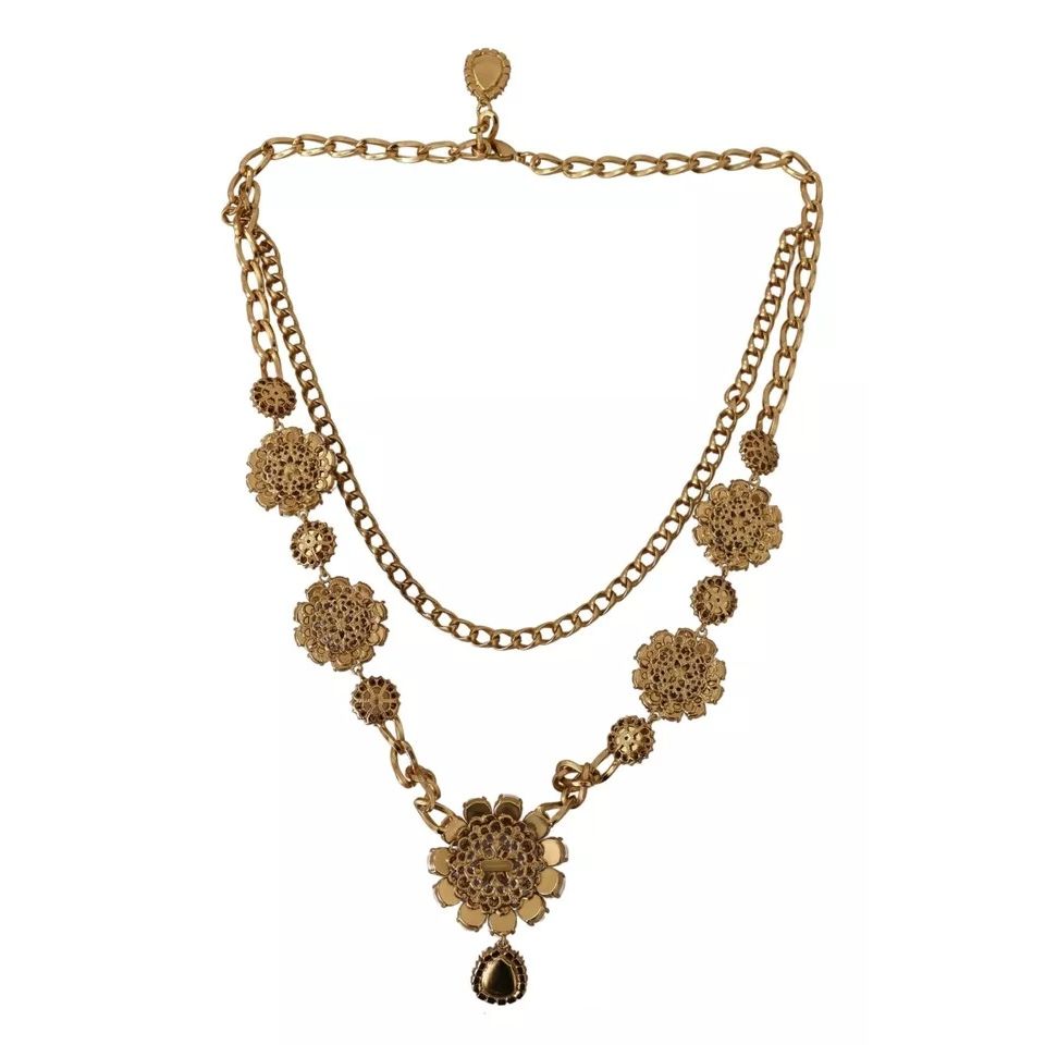 Dolce & Gabbana Gold Tone Floral Crystals Purple Embellished Necklace