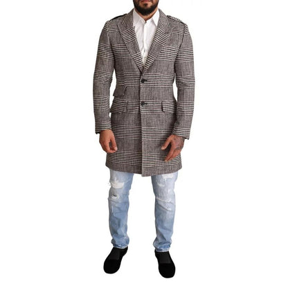Dolce & Gabbana Gray Check Plaid Long Trench Coat Jacket