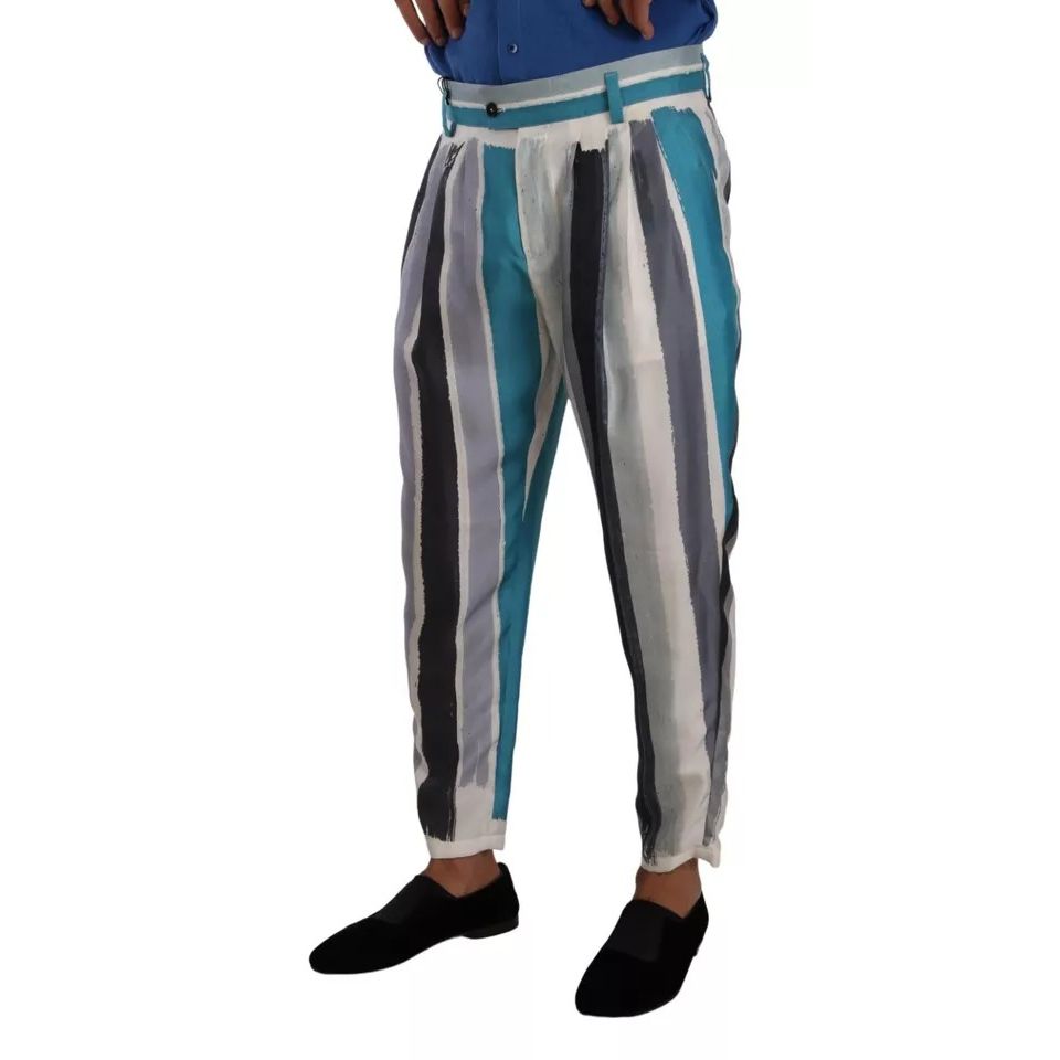 Dolce & Gabbana Blue Striped Silk Tapered Pants
