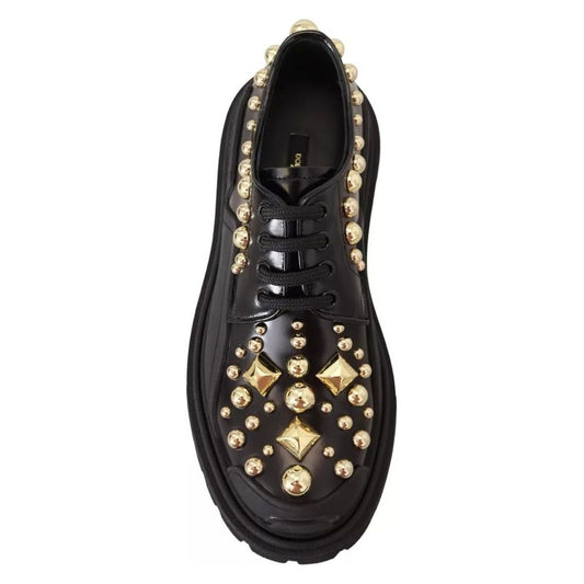 Dolce & Gabbana Black Leather Trekking Derby Embellished Shoes LA12915-36