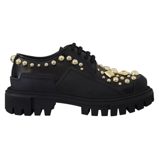 Dolce & Gabbana Black Leather Trekking Derby Embellished Shoes LA12915-36
