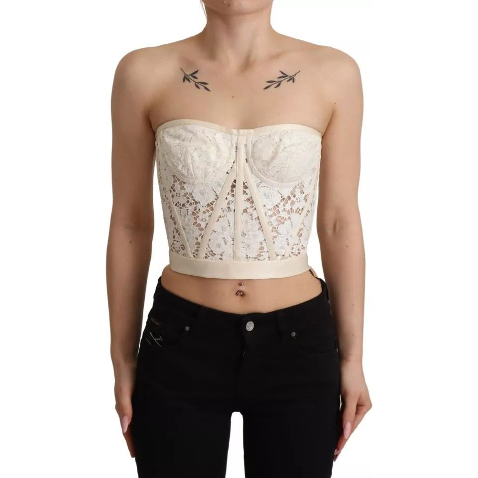 Dolce & Gabbana White Strapless Floral Lace Cropped Bustier Top TSH7639-36